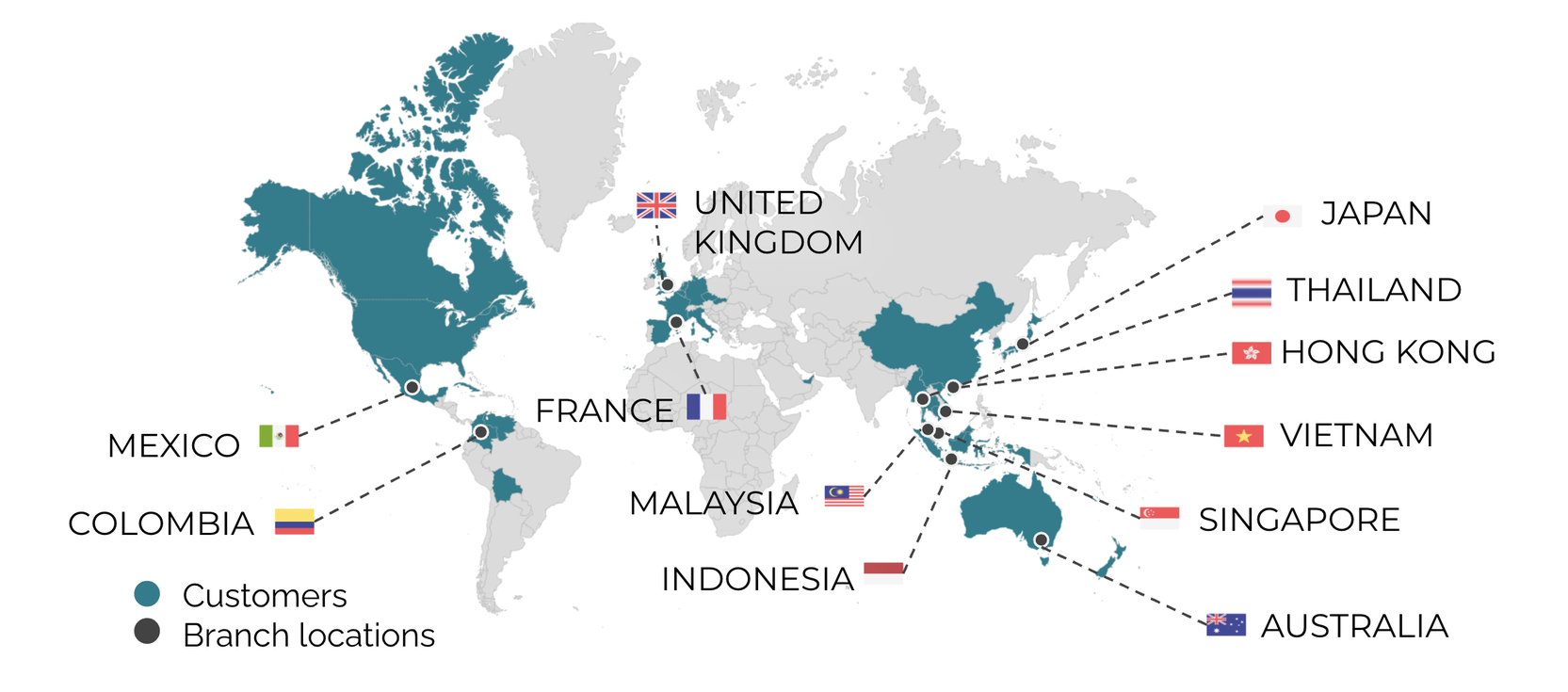 Port Cities - Map of offices Mexico, Vietnam, Indonesia, Malaysia, Singapore, Australia